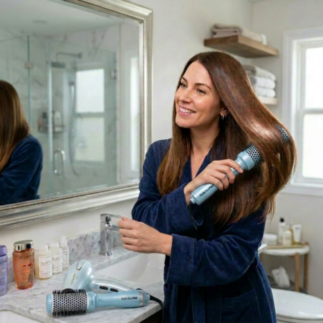 Woman using Remington hair dryer and round brush in bathroom